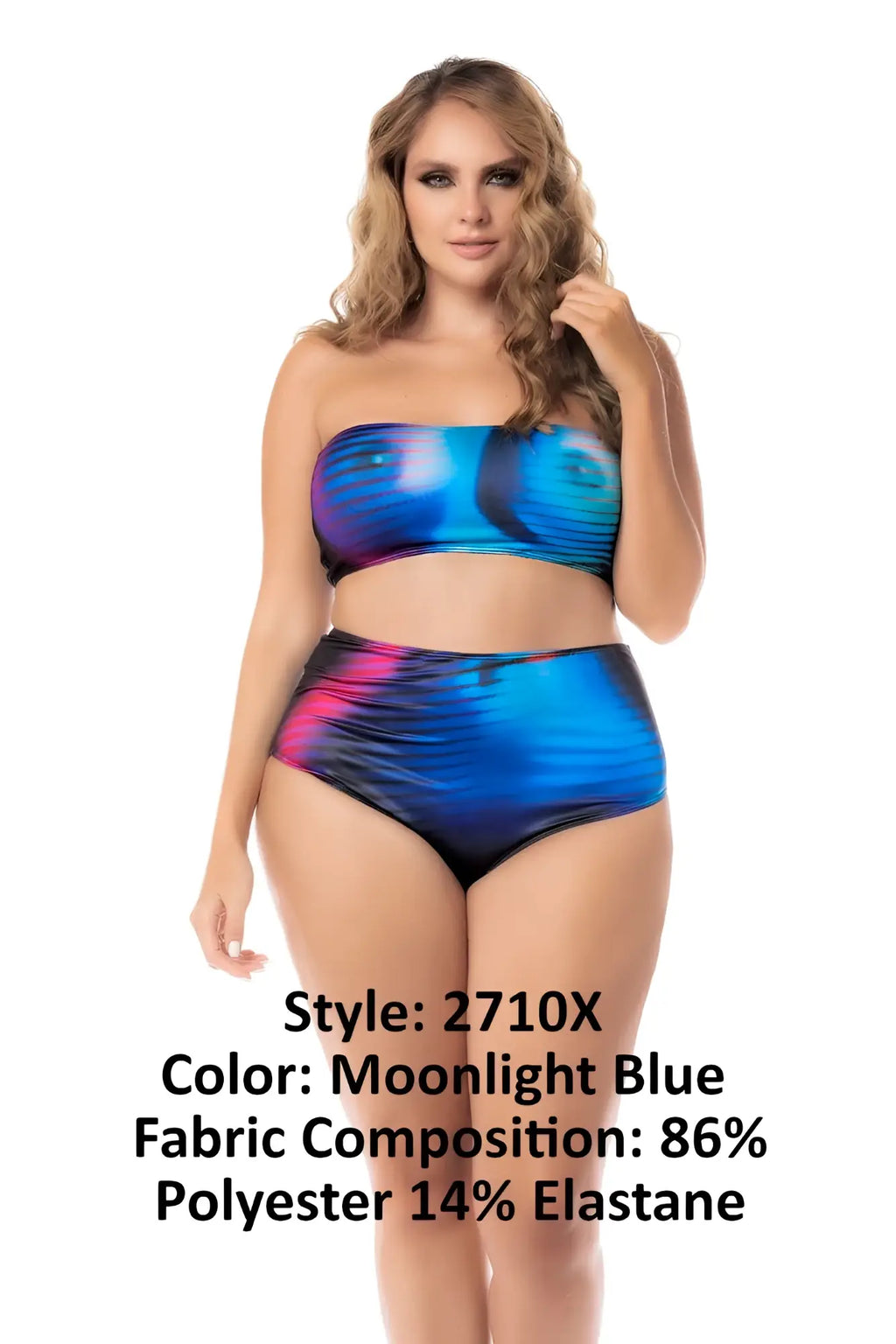 Mapale 2710X moonlight blue two piece set with a strapless bikini featuring a shimmering blue and pink gradient pattern