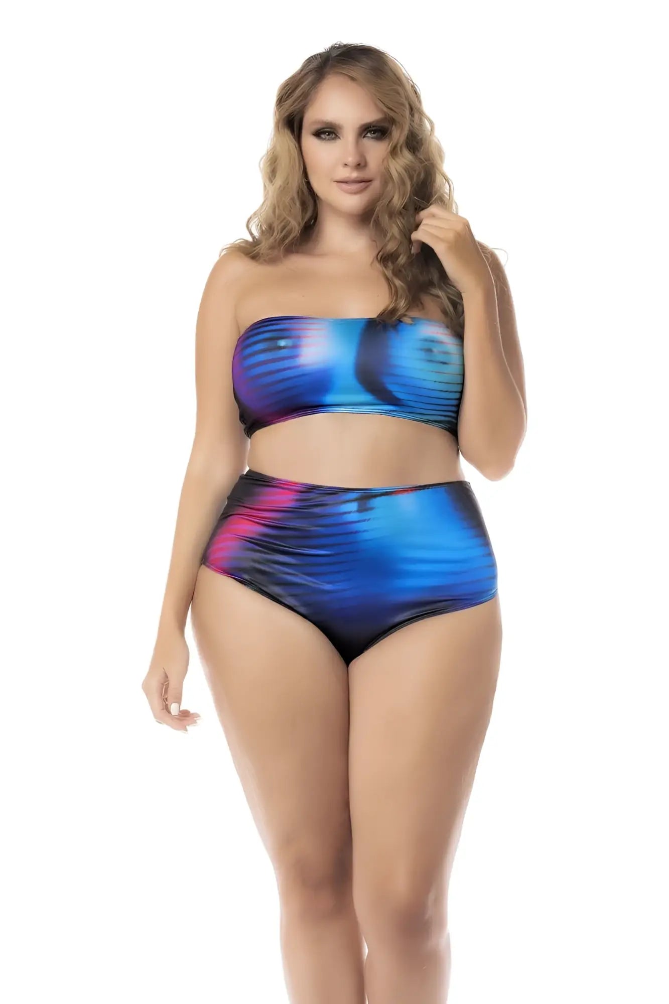 Mapale 2710X two piece swimsuit in moonlight blue with vibrant blue and pink abstract strapless top and high waisted bottoms