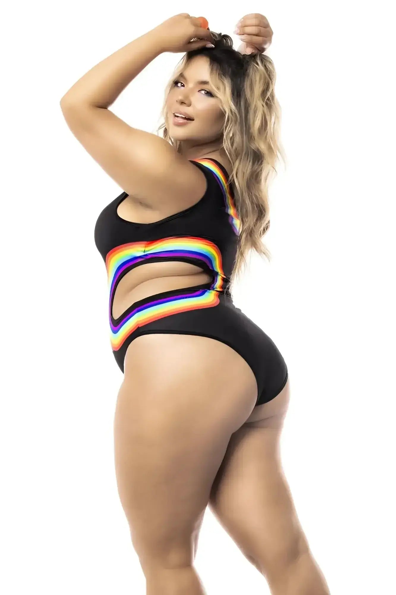 Black one-piece swimsuit by mapale with rainbow-colored cutout stripes across the torso in style 2718X bodysuit