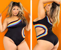 Mapale 2718X black one-shoulder swimsuit with rainbow stripe design and cutout details in bodysuit style
