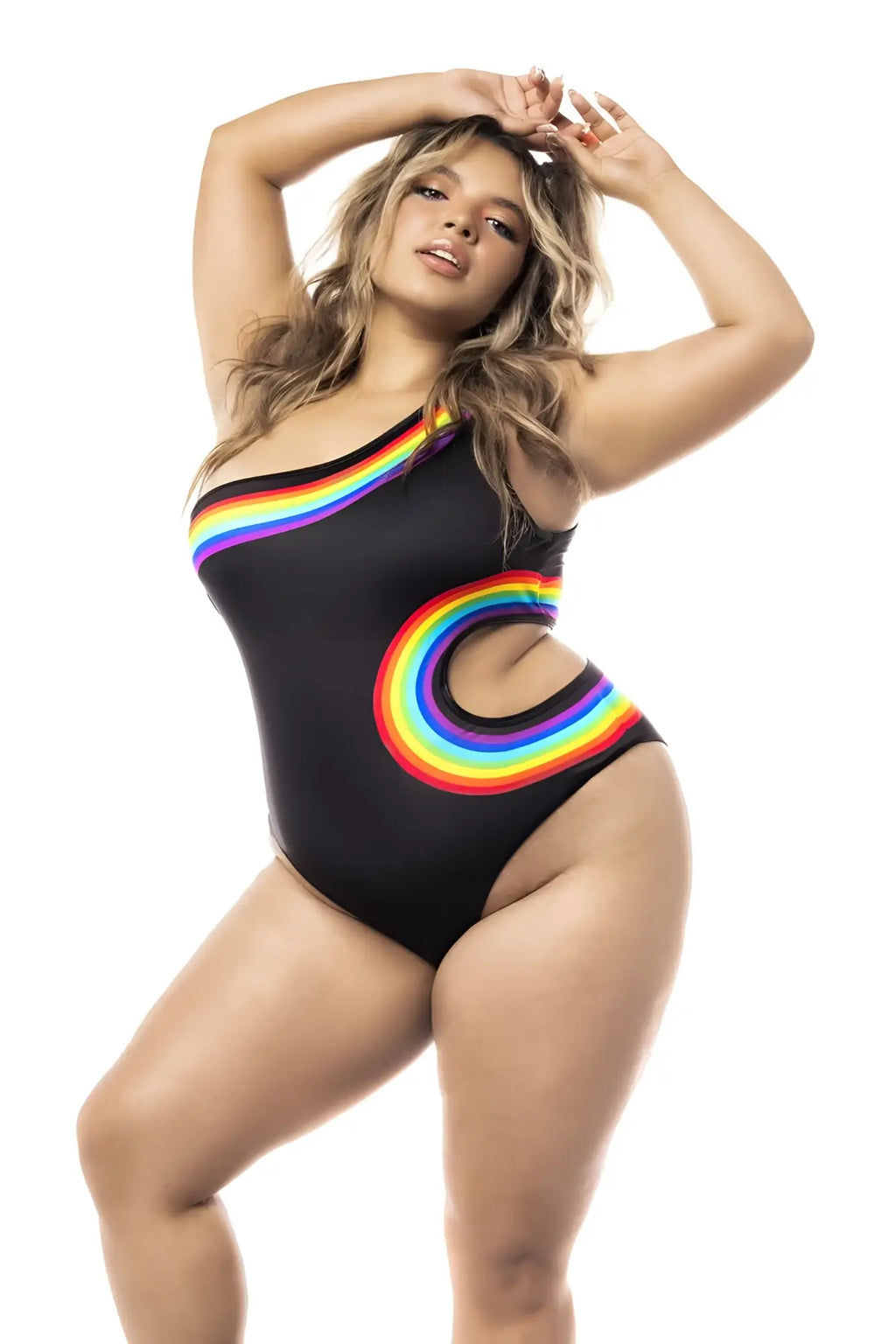 Mapale 2718X black one shoulder swimsuit with vibrant rainbow arc design and cutout details