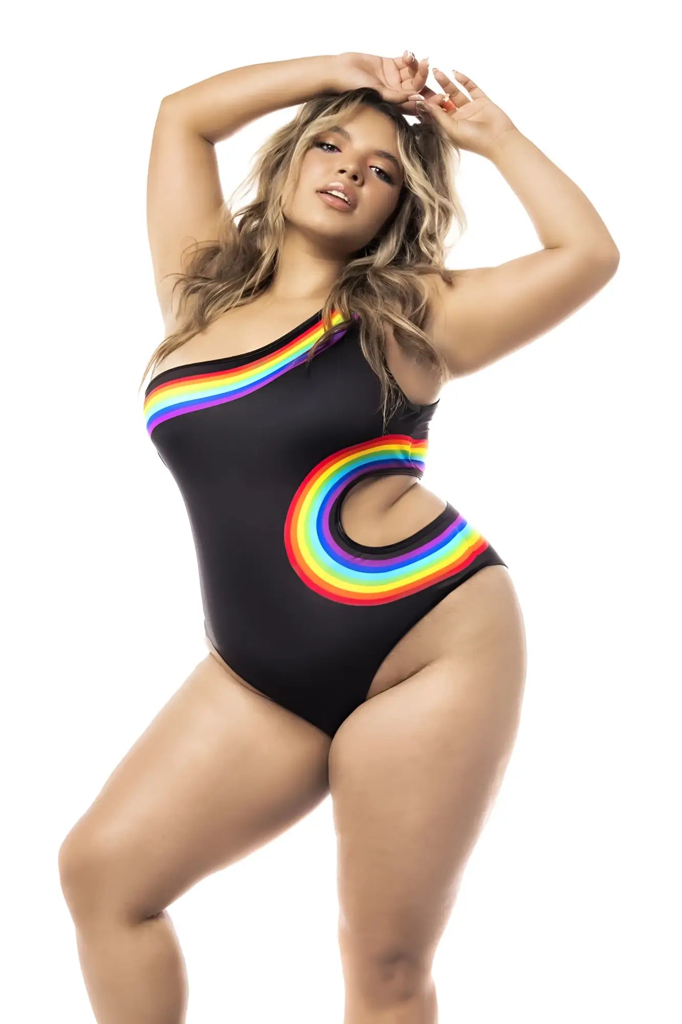 Mapale 2718X black one shoulder swimsuit with vibrant rainbow arc design and cutout details