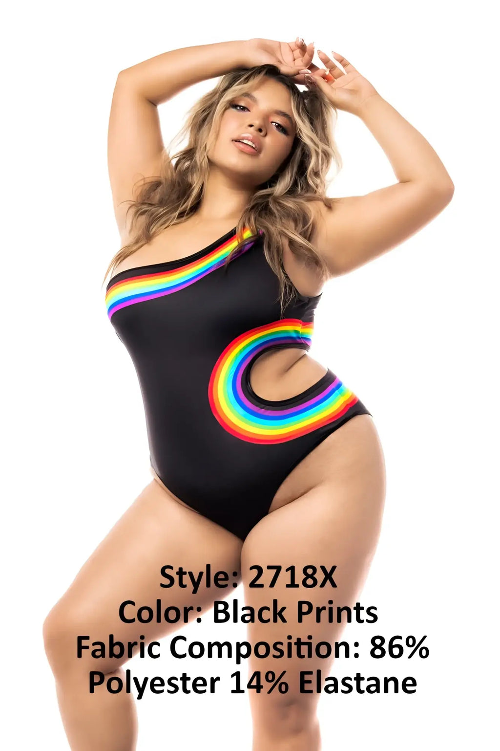 Black one-shoulder swimsuit by Mapale featuring a vibrant rainbow arc design on chest and hip in bodysuit style