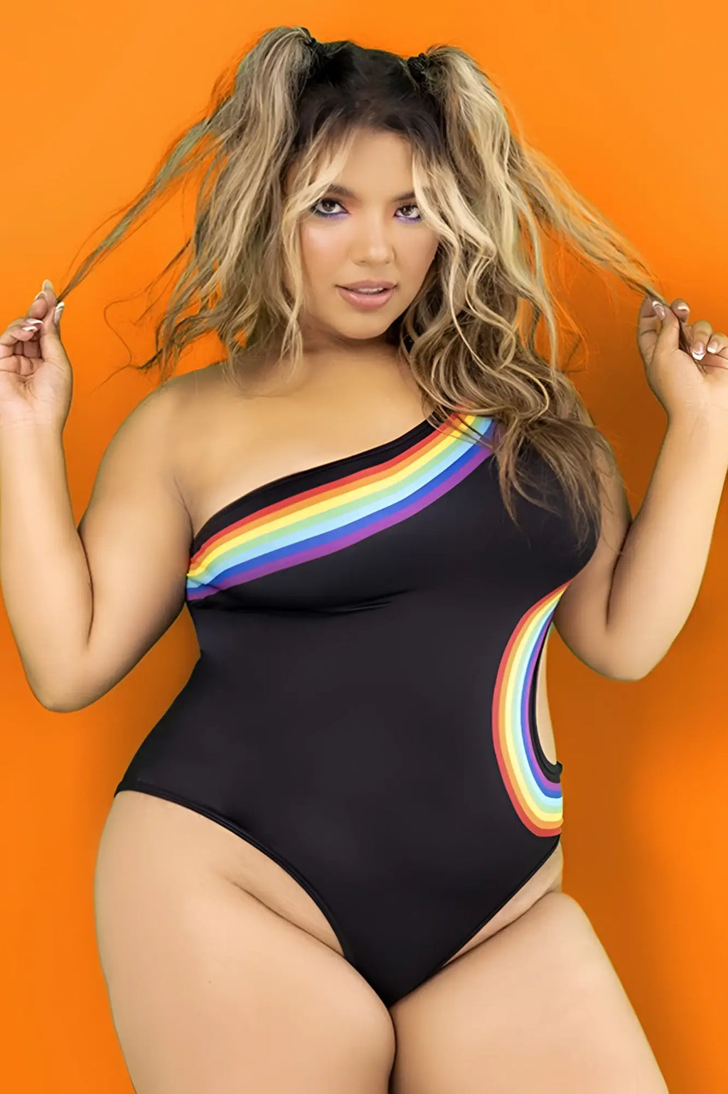 Black mapale 2718x bodysuit one-shoulder swimsuit with vibrant rainbow stripe on shoulder and side