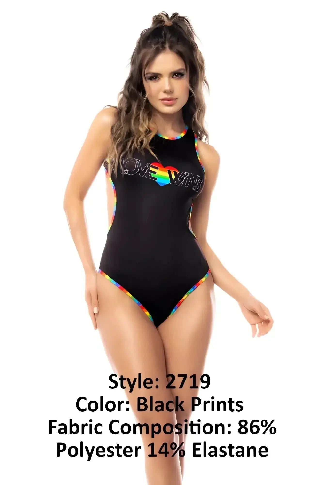 Black Mapale 2719 bodysuit one-piece swimsuit with rainbow trim and love wins heart graphic print