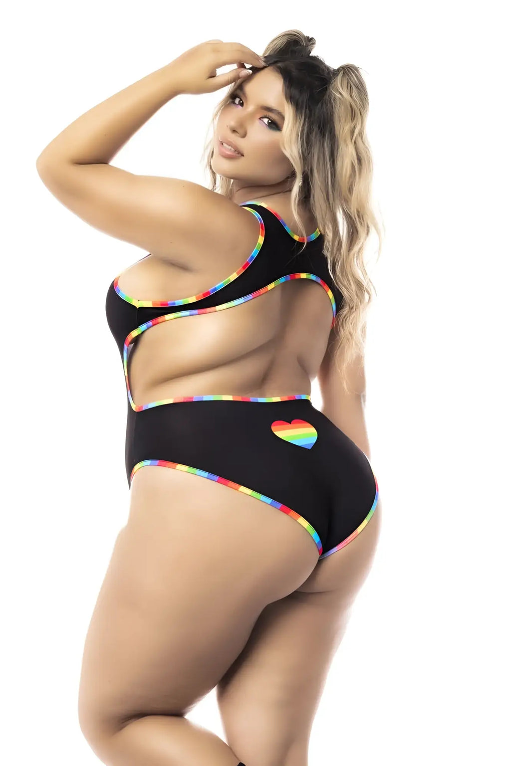 Black one-piece swimsuit bodysuit with rainbow trim and heart emblem by Mapale 2719X in black prints