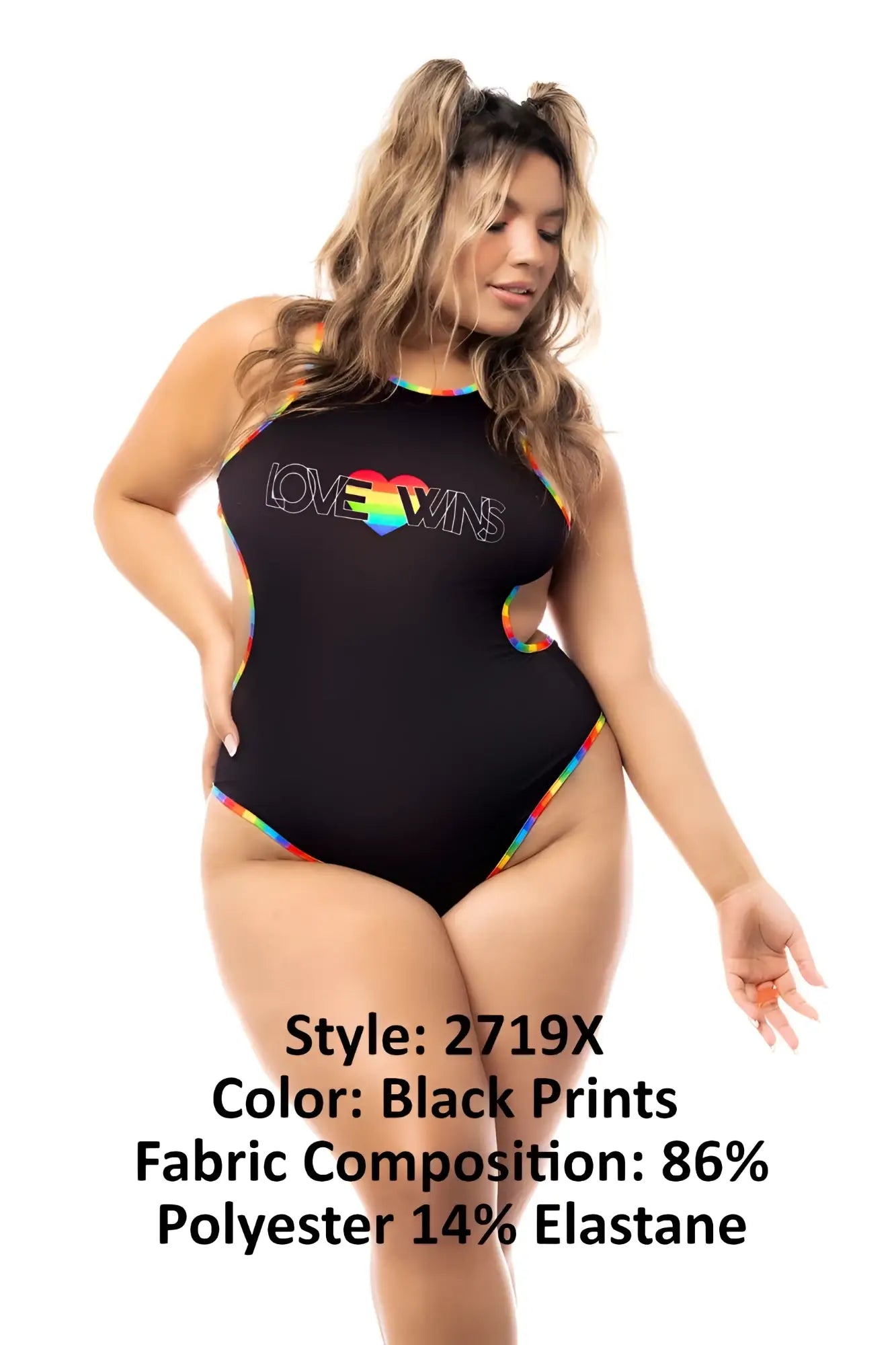 Black one-piece swimsuit mapale 2719x with rainbow trim and love wins graphic in center for pride celebrations