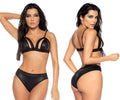 Black faux leather bra and thong two piece set with cutout detailing by mapale in black color