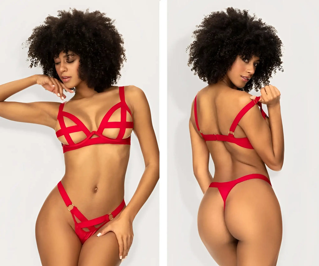 Red Mapale 2737 two piece lingerie set with geometric cutouts and gold-tone hardware in strappy design