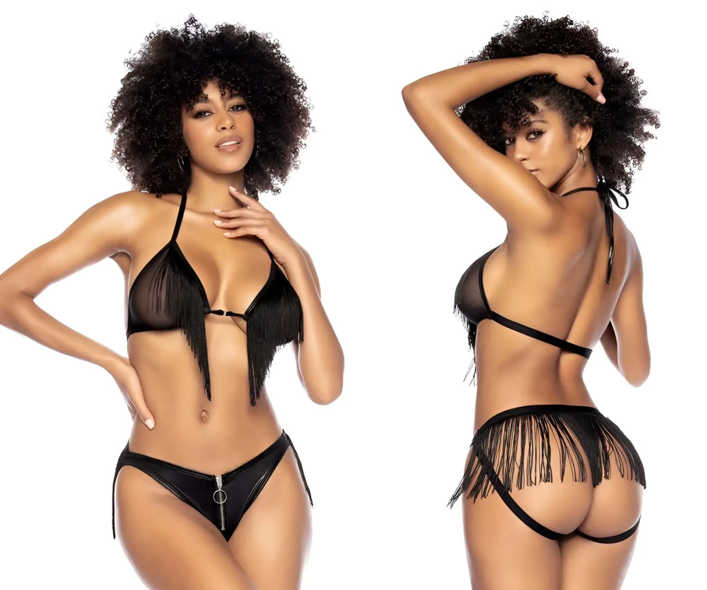 Black fringed lingerie two piece set with sheer mesh and faux leather accents by mapale in black color