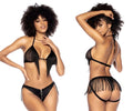 Black fringed lingerie two piece set with sheer mesh and faux leather accents by mapale in black color