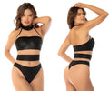 Black faux leather two-piece swimsuit with halter neck and horizontal cutouts from mapale 2744 kiki bodysuit nude-black