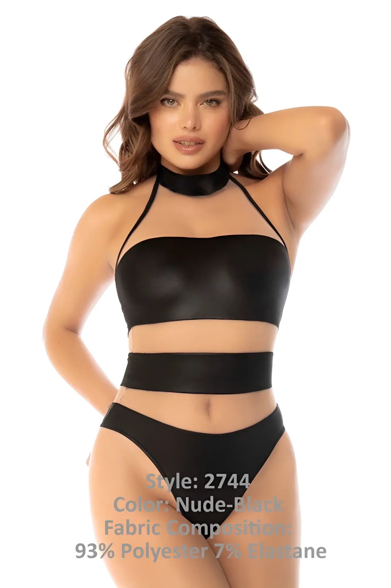 Black halter-style two-piece set with high neckline and cut-out details from mapale 2744 kiki bodysuit in nude-black