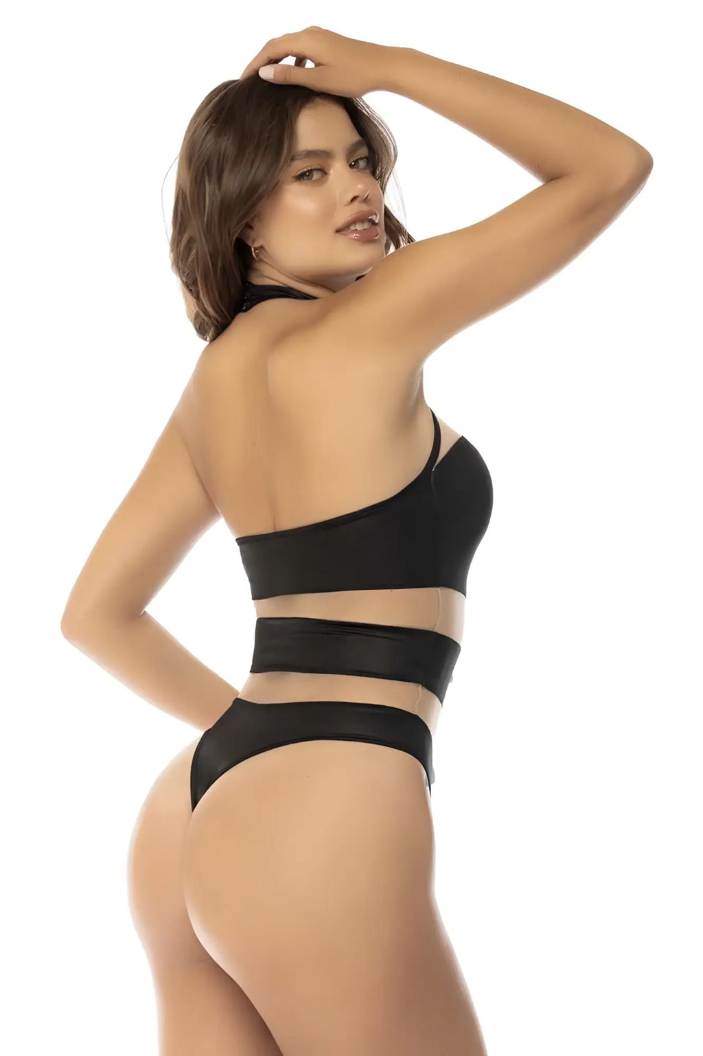 Black one-piece swimsuit by mapale with sleek modern cutouts and halter neckline in nude-black color
