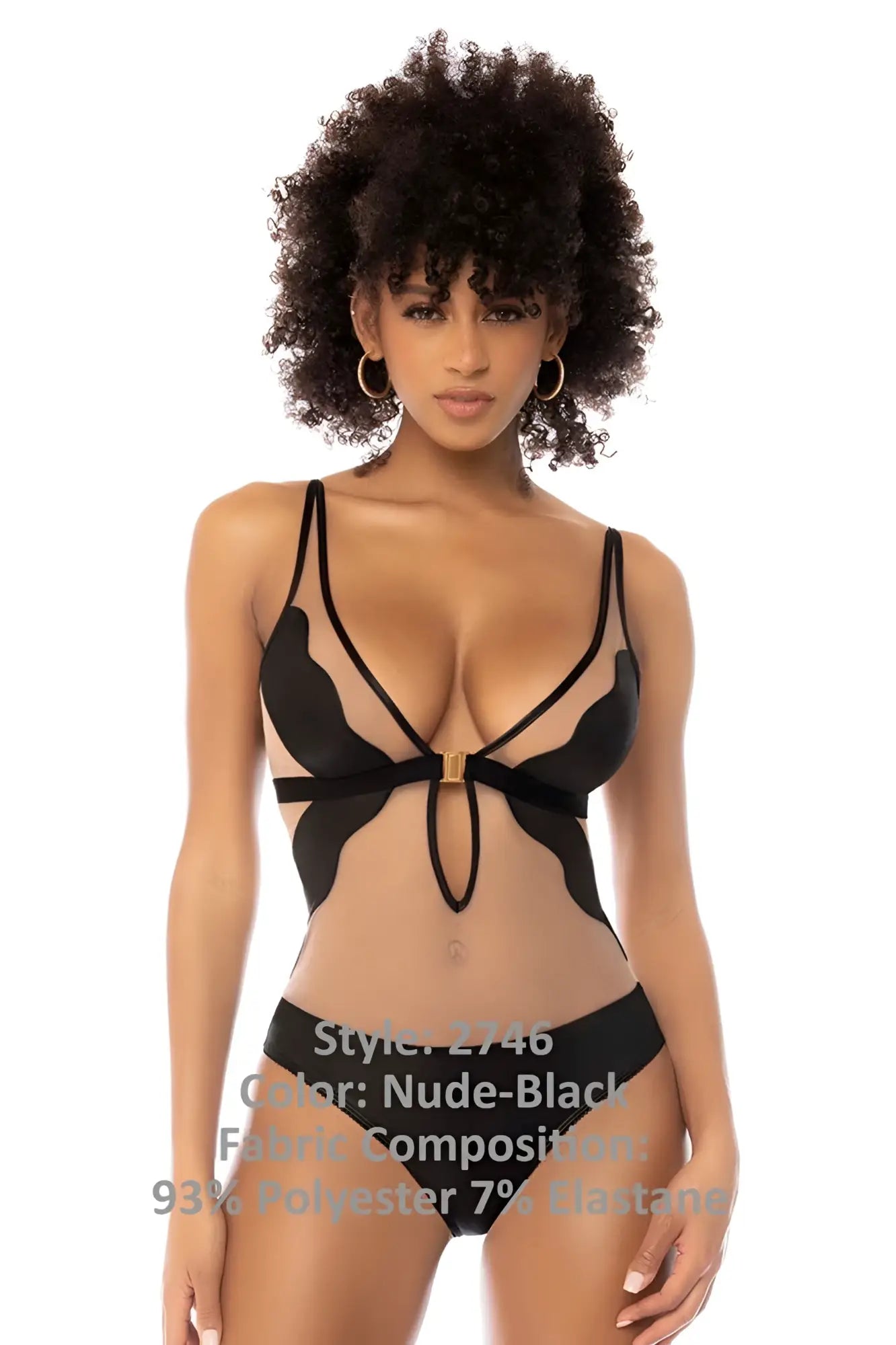Mapale 2746 fleur bodysuit in nude black featuring sheer mesh, black satin straps, and a central gold-tone bow detail