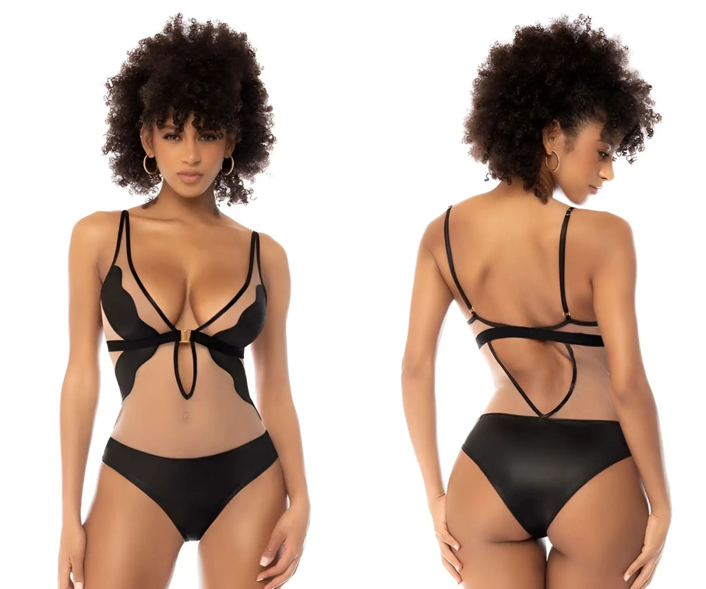 Black sheer mesh bikini top with gold bow and matching high-waisted briefs in Mapale 2746 Fleur bodysuit nude-black