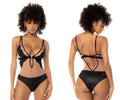 Black sheer mesh bikini top with gold bow and matching high-waisted briefs in Mapale 2746 Fleur bodysuit nude-black