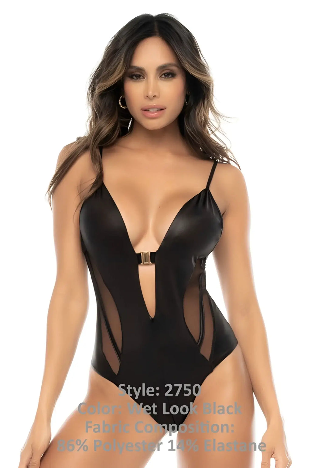 Black wet look one-piece swimsuit with sheer side panels and gold-toned clasp by Mapale 2750 Fenna bodysuit