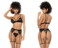 Black leather-like lingerie set with heart-shaped cutouts and strappy design mapale 2751 rika three piece set wet look black