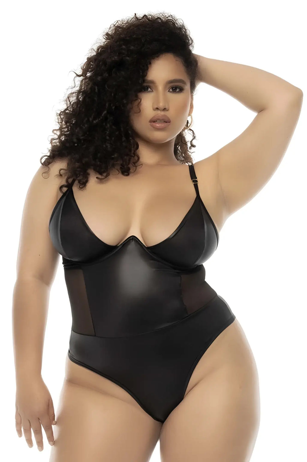 Black one-piece Mapale 2752X Bibi bodysuit with glossy wet look finish and sheer mesh side panels