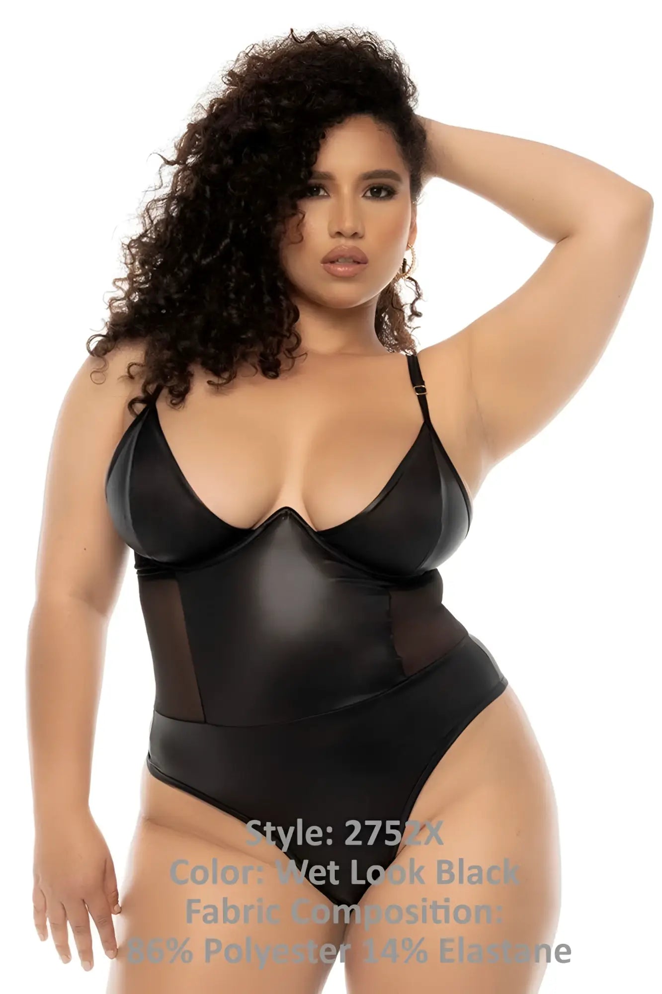 Black wet look one-piece swimsuit with sheer mesh panels and structured form-fitting design mapale 2752X Bibi bodysuit plus color