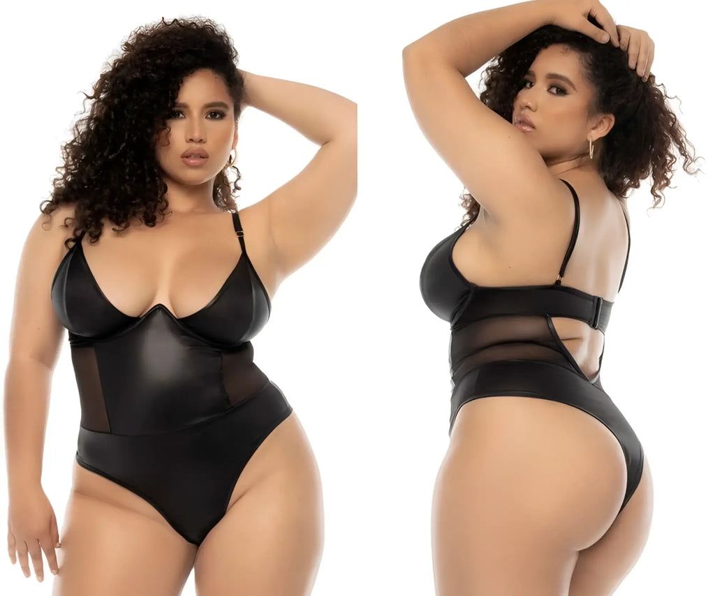 Black satin Mapale 2752X Bibi bodysuit plus with sheer mesh panels and thin straps in wet look black color