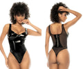 Black patent leather one-piece bodysuit with corset-style back zipper and sheer mesh panels by Mapale
