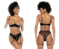 Black patent leather lingerie set with bra featuring circular metal accents and high waisted briefs with zippers by mapale