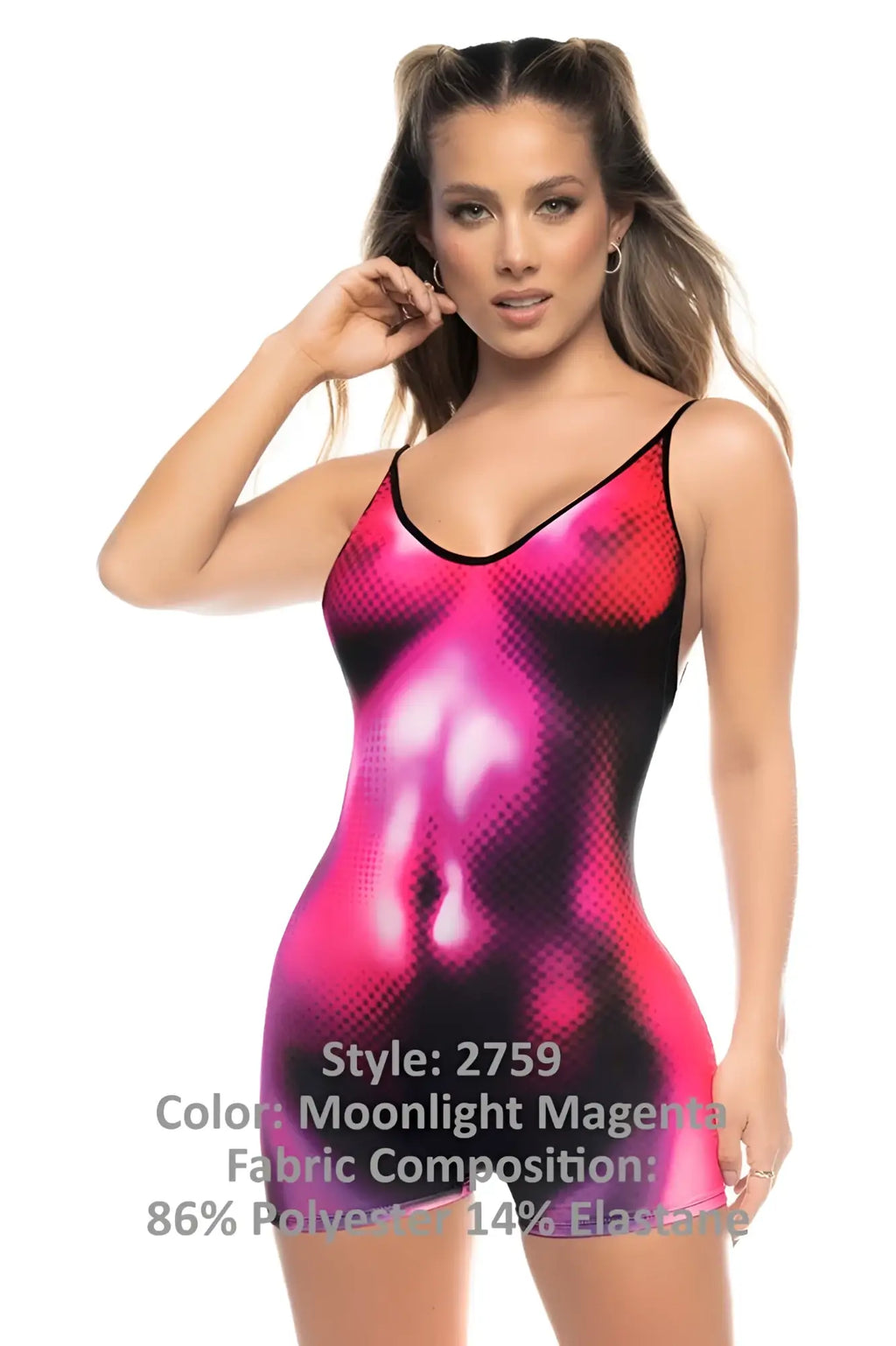 Mapale 2759 Mars romper sleeveless bodysuit in vibrant moonlight magenta gradient with black mesh detailing