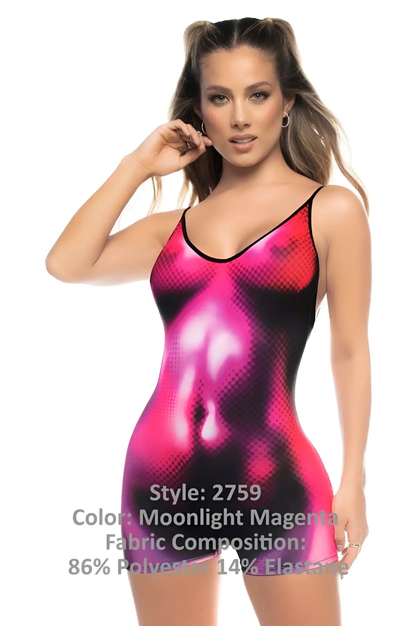 Mapale 2759 Mars romper sleeveless bodysuit in vibrant moonlight magenta gradient with black mesh detailing