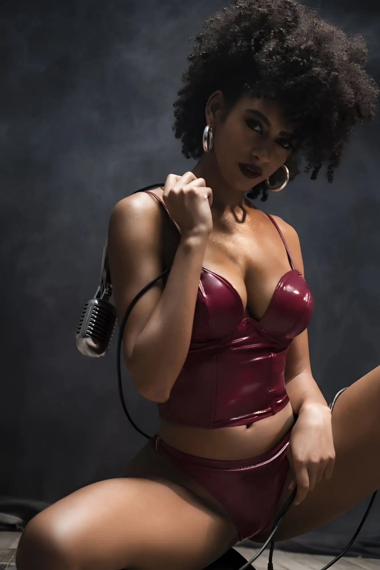 Mapale 2761 two piece set glossy wine burgundy latex corset top with thin straps and structured form fitting design