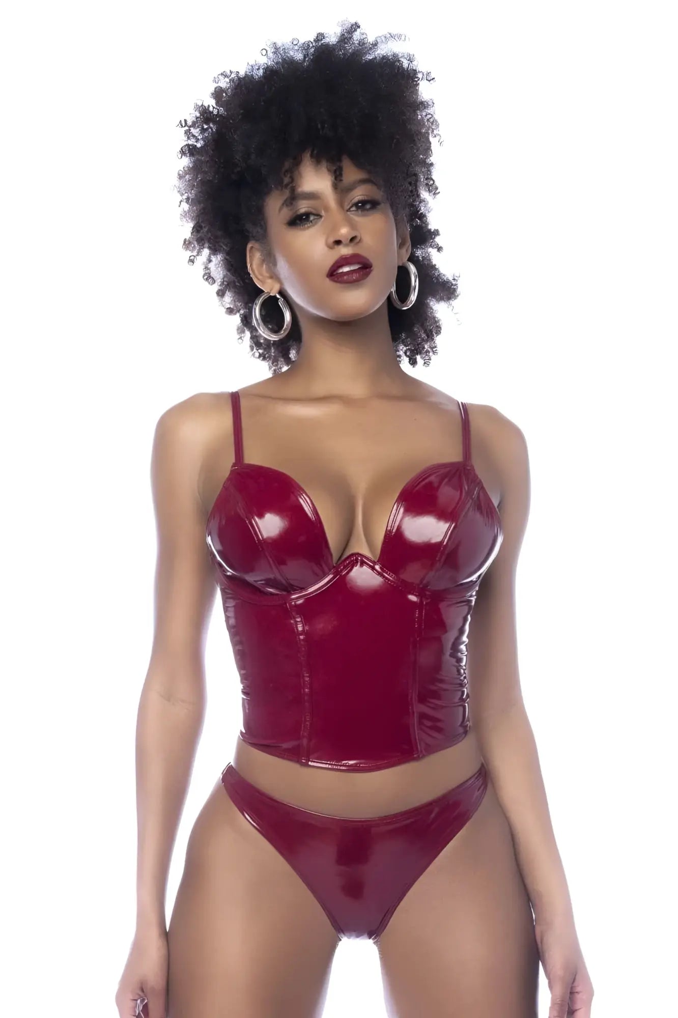 Mapale 2761 two piece set glossy wine deep red latex corset top with thin straps and structured bust design