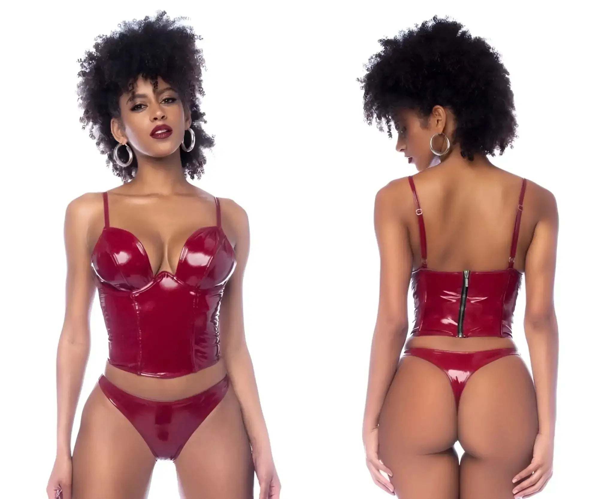 Shiny red latex corset two piece set in gloss wine color by mapale ideal for lingerie or costume wear