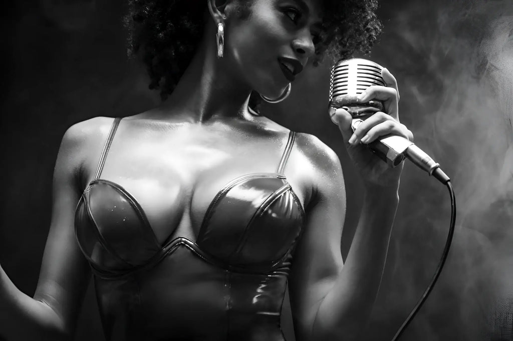 Vintage-style silver microphone with ribbed grille and chrome finish shown with mapale 2761 wine two piece set