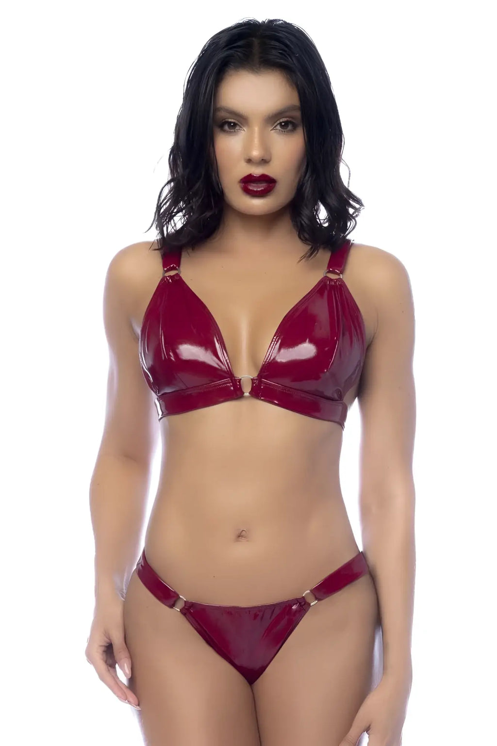 Shiny red patent leather bra and thong set in gloss wine color by Mapale 2763 two piece set