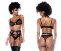Black lace and mesh lingerie three piece set with gold-tone hardware in wet look black by Mapale 2767
