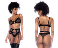 Black lace and mesh lingerie three piece set with gold-tone hardware in wet look black by Mapale 2767