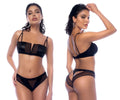Black lingerie two piece set by mapale with sheer mesh panels thin straps and wet look black fabric