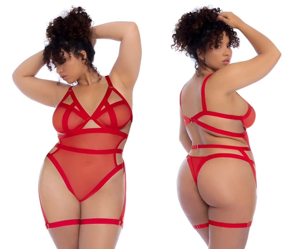 Red lace Mapale 2772X bodysuit with intricate crisscross straps and sheer mesh panels in red