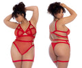 Red lace Mapale 2772X bodysuit with intricate crisscross straps and sheer mesh panels in red