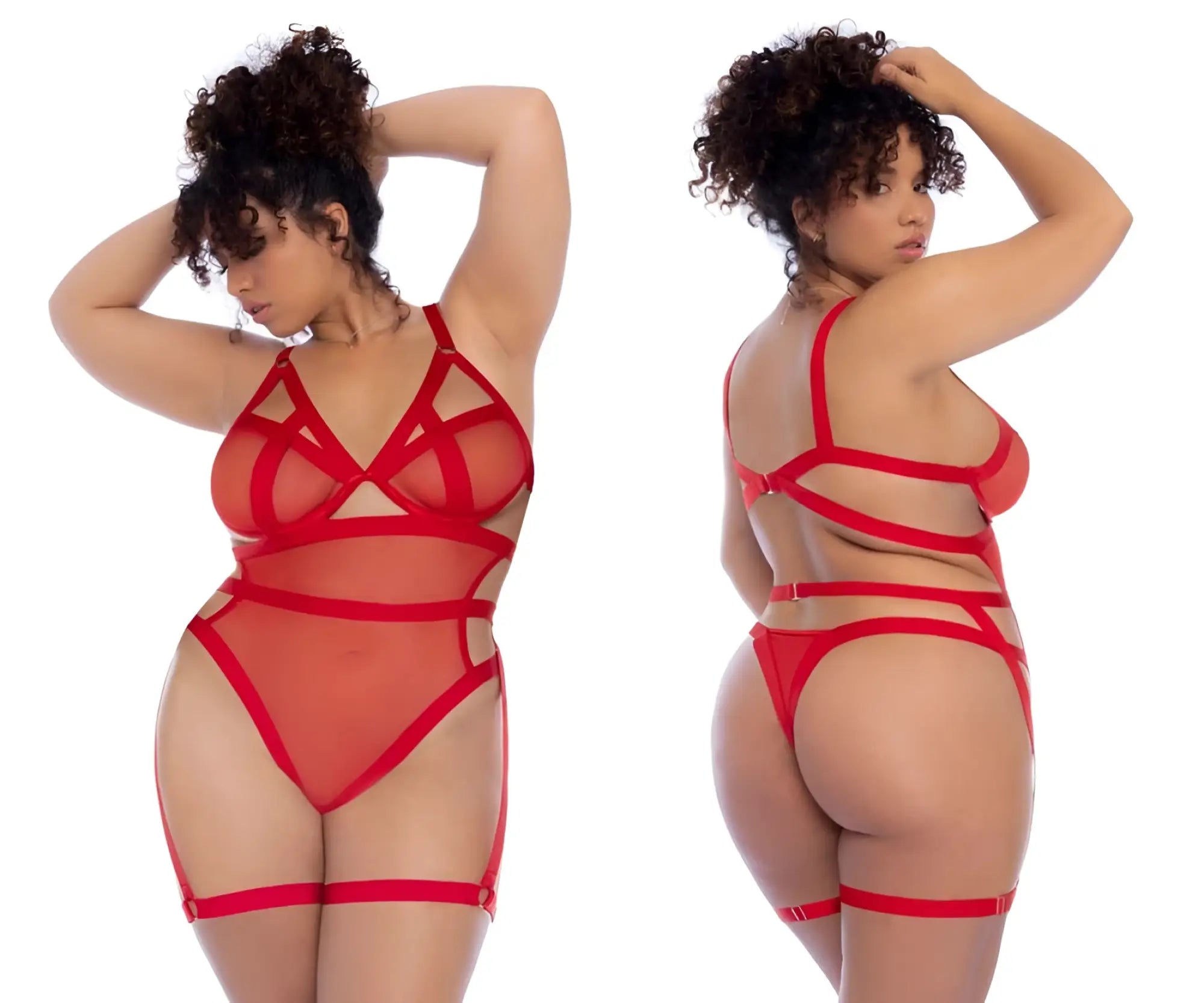 Red lace Mapale 2772X bodysuit with intricate crisscross straps and sheer mesh panels in red