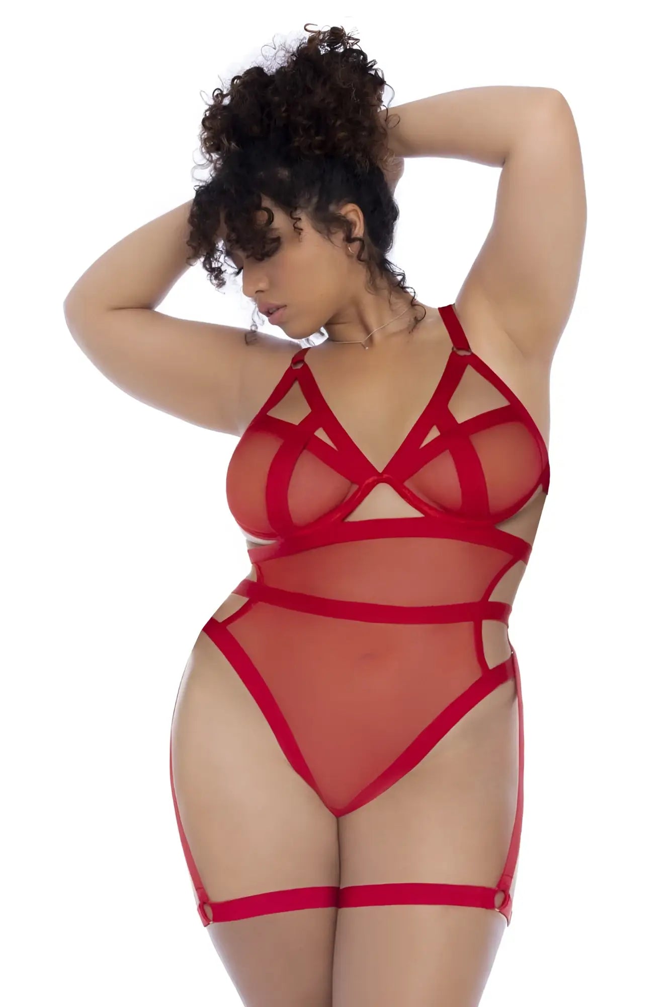 Mapale 2772X red sheer mesh lingerie bodysuit with bold red strappy crisscross detailing front view