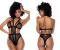 Black sheer mesh lingerie bodysuit with elastic straps and halter neckline by mapale 2773 in black color