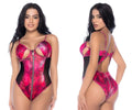 Mapale 2784 bodysuit in fierce fuchsia features pink and black snakeskin pattern mesh panels and bust cut-outs