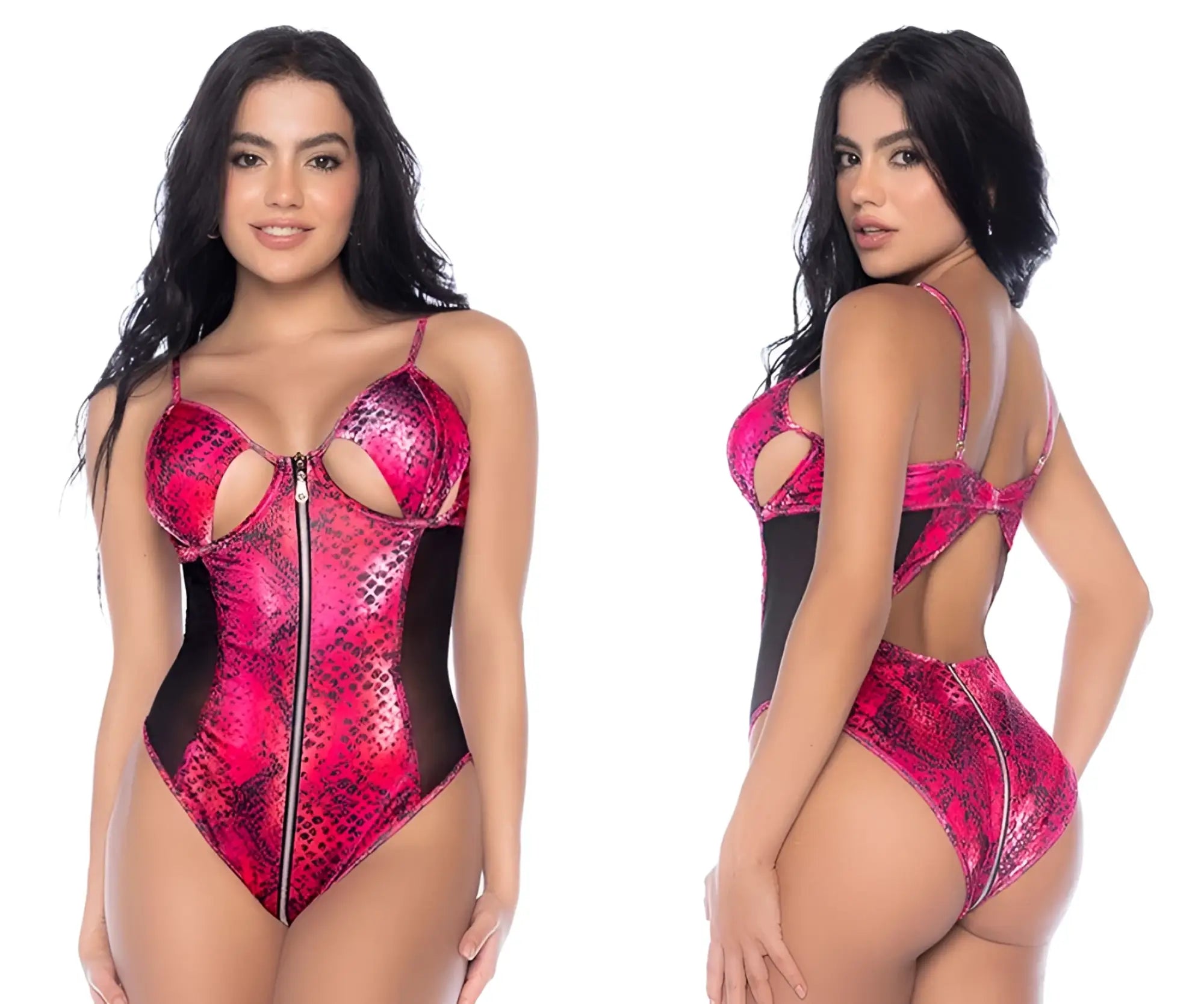 Mapale 2784 bodysuit in fierce fuchsia features pink and black snakeskin pattern mesh panels and bust cut-outs