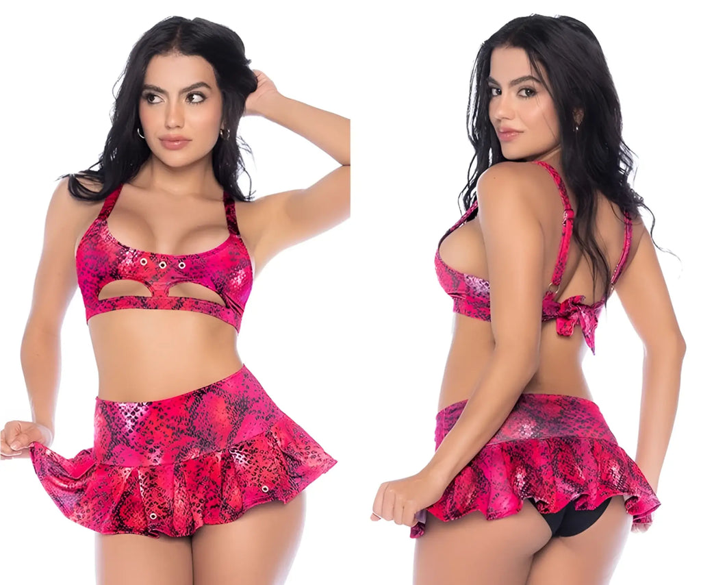 Vibrant pink snakeskin-patterned mapale 2785 two piece swimsuit with ruffled skirt and halter top in fierce fuchsia