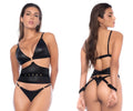 Black leather-like bodysuit with gold-tone hardware and cut-out design from mapale 2797 three piece set in black