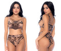 Tan and brown patterned two-piece bikini set by Mapale featuring an eye motif on the top in bohemian mystique color
