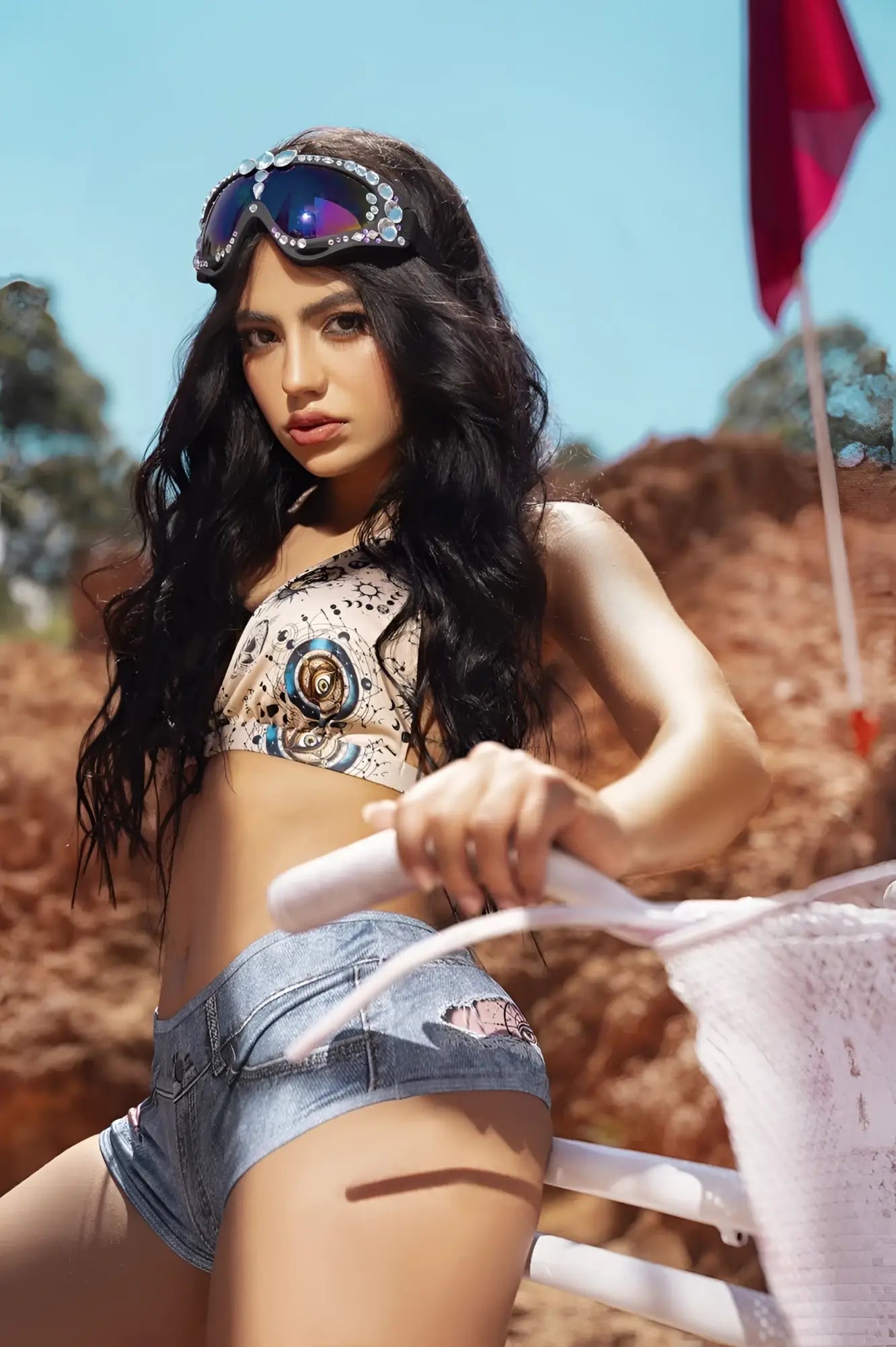 A woman wearing mapale 2802 two piece set in bohemian mystique color with a patterned crop top and distressed denim shorts