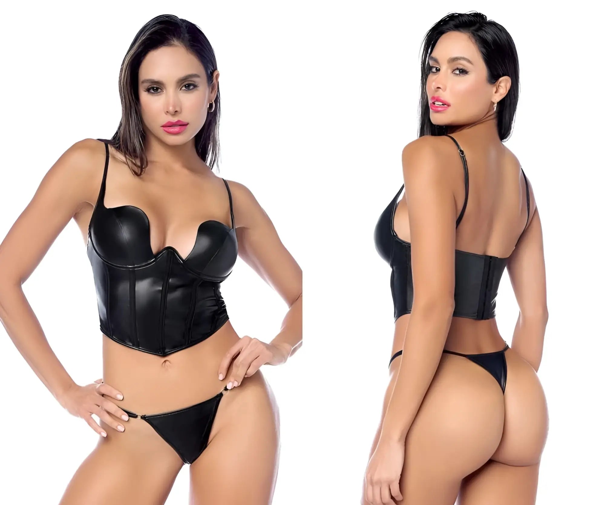 Black faux leather corset and matching thong two piece set by Mapale style 2803 shown from the front